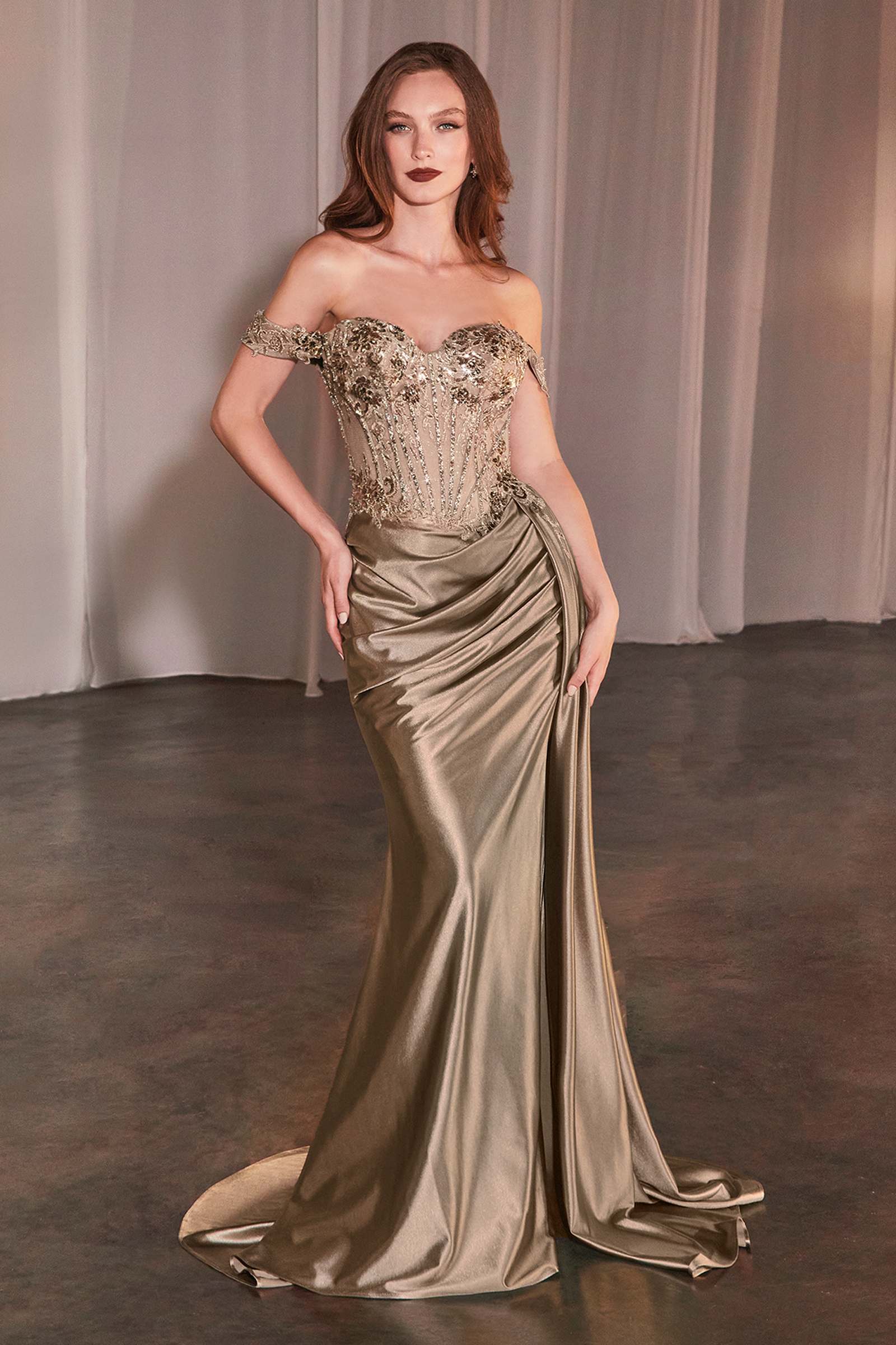 CLEARANCE - Ladivine CD803 Off The Shoulder Lace &amp; Satin Fitted Gown (Size 12) by DiscountDressShop