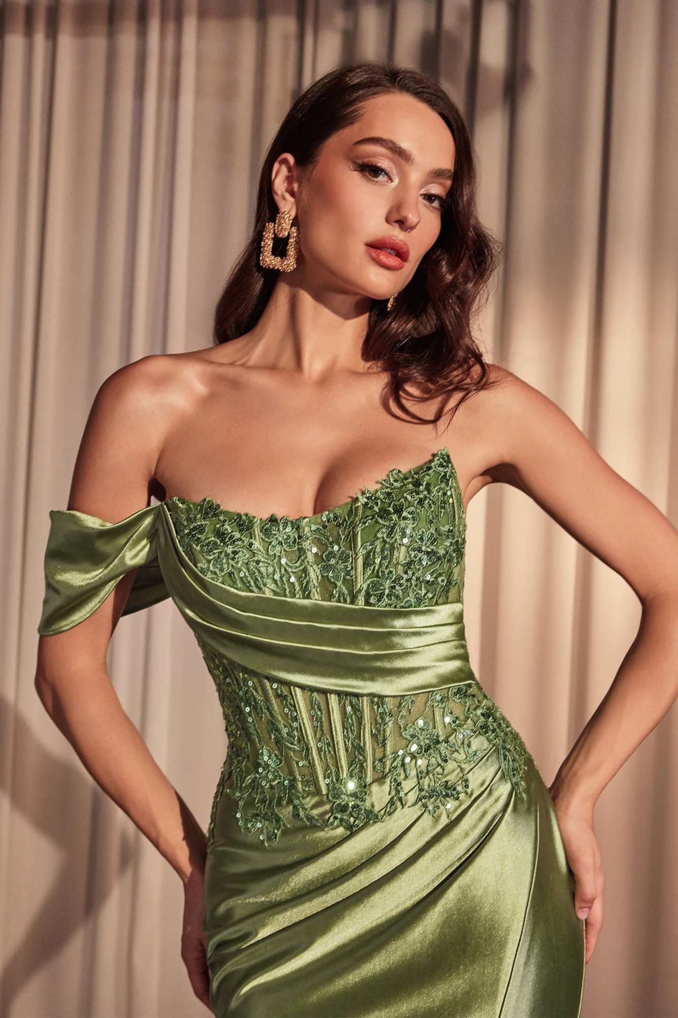 Ladivine CD804 Off Shoulder Lace &amp; Satin Fit &amp; Flare Prom Gown by DiscountDressShop
