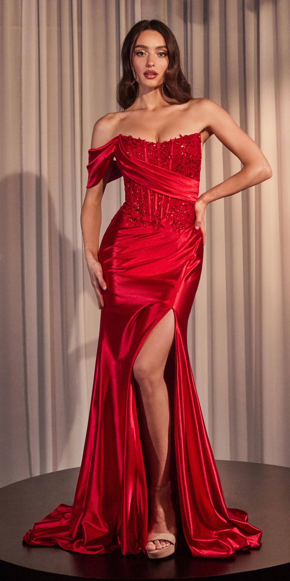 Ladivine CD804 Off Shoulder Lace &amp; Satin Fit &amp; Flare Prom Gown by DiscountDressShop