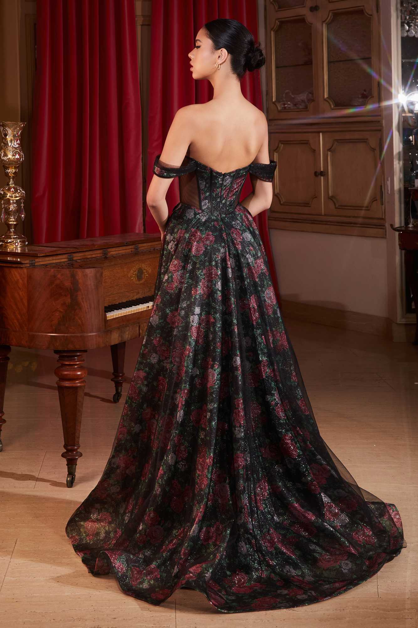 Ladivine CD806 Black Off The Shoulder Ball Gown With Floral Underlay by DiscountDressShop
