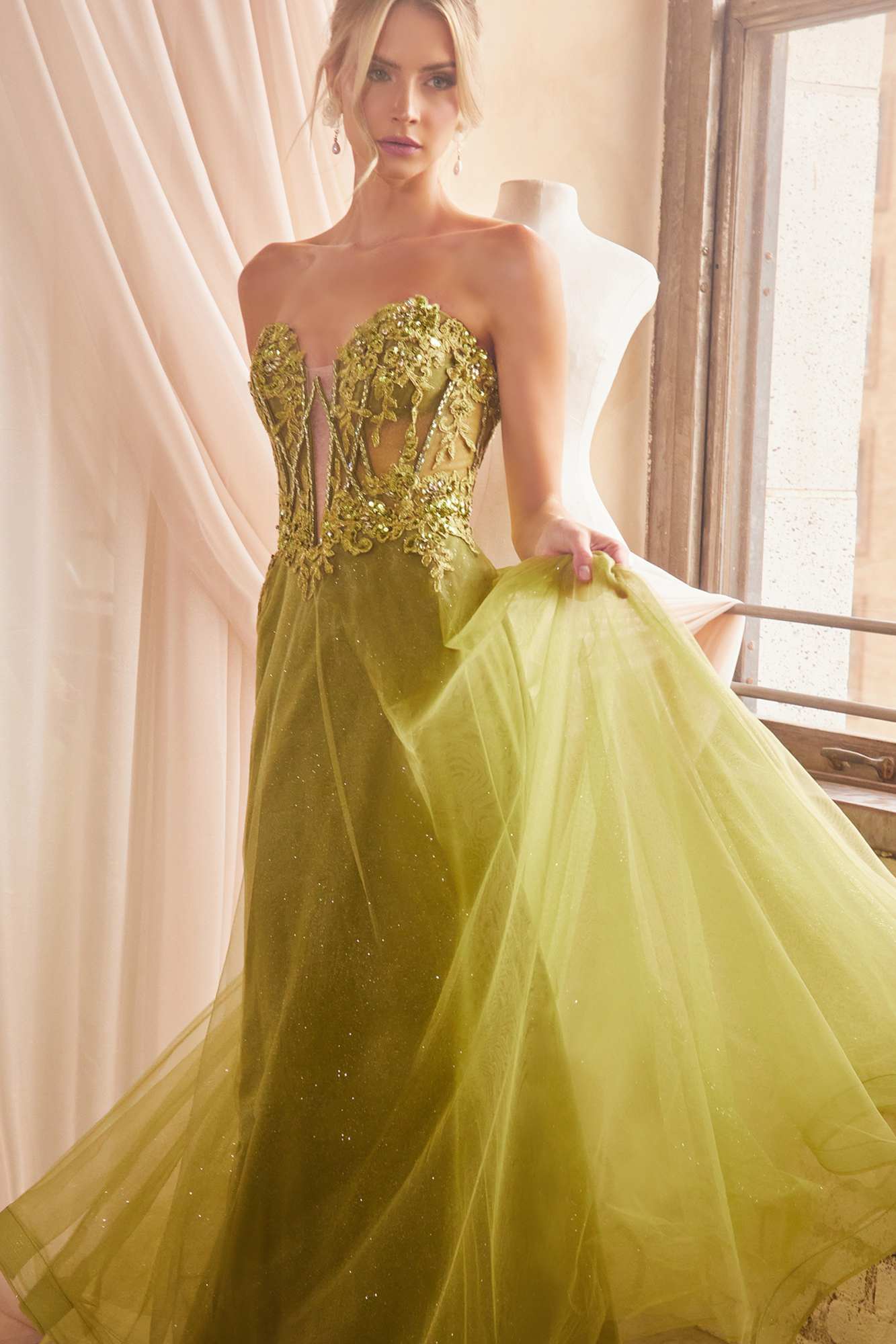 Ladivine CD830 Long Strapless Ball Gown with Removable Sleeves by DiscountDressShop