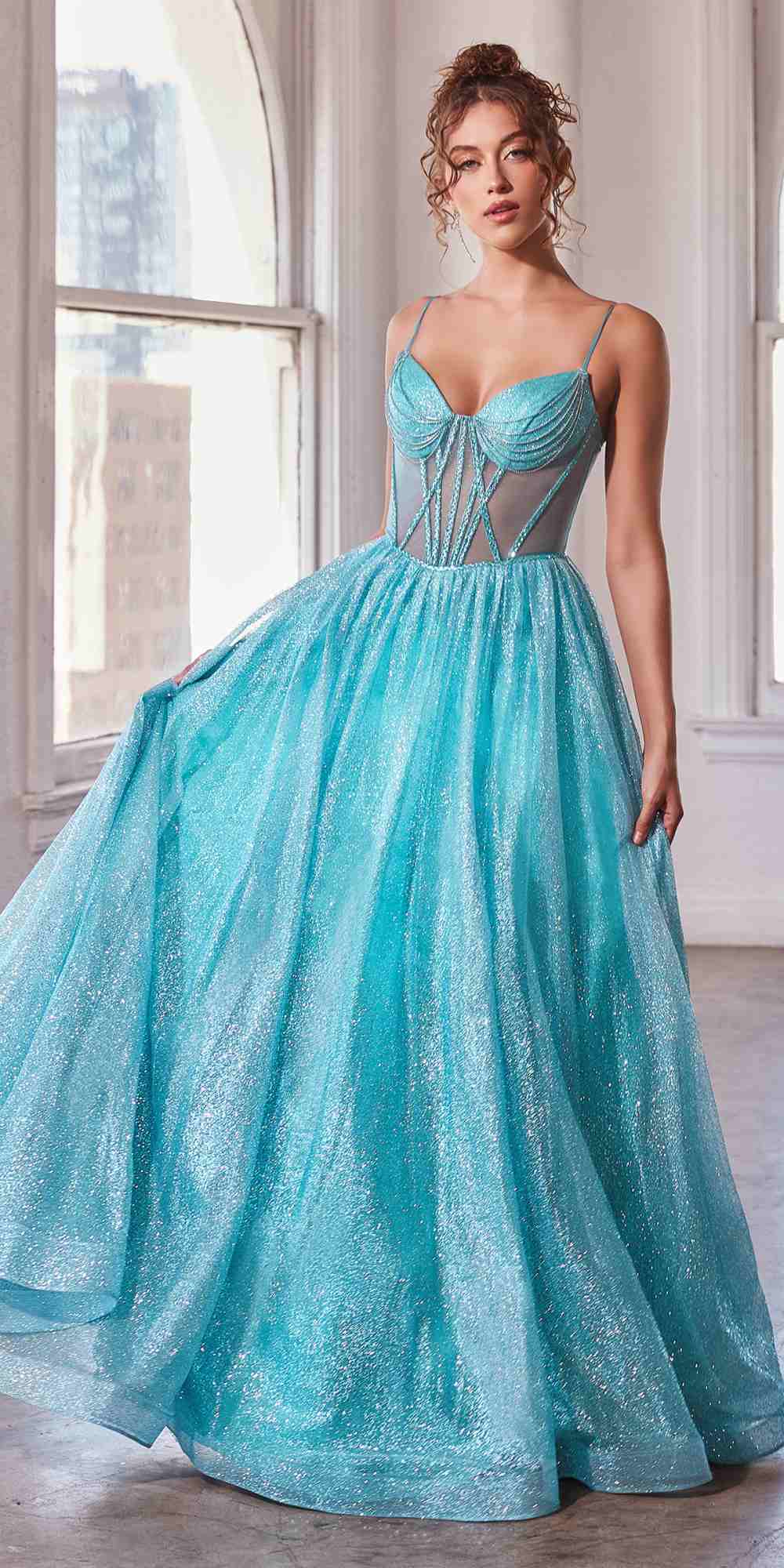 Ladivine CD832 Long Sheer Boned Bodice Glitter Flock Ball Gown by DiscountDressShop