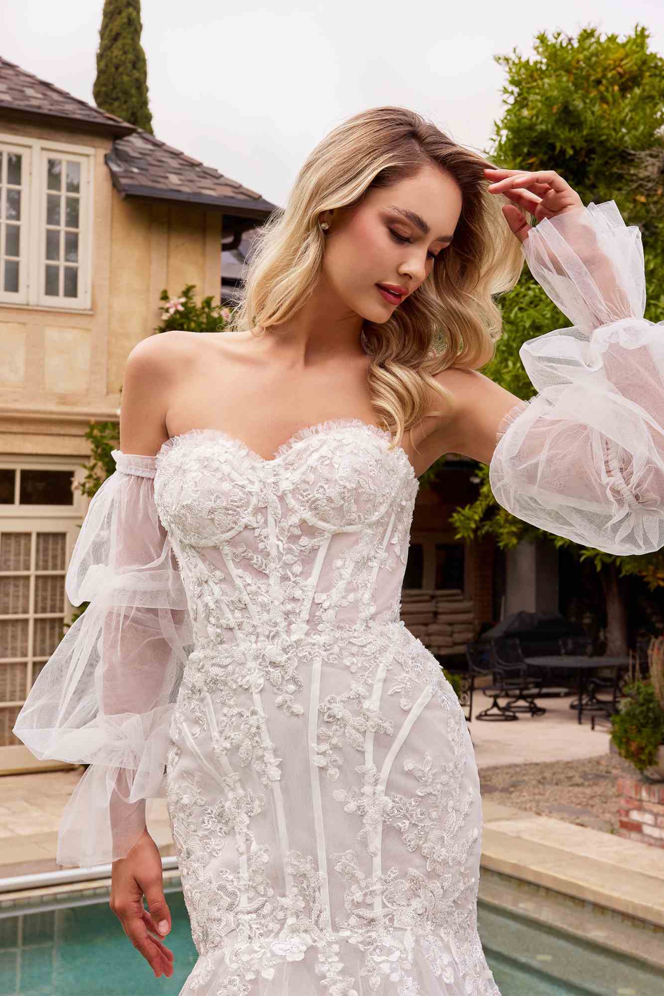 Ladivine CD858W Long Strapless Mermaid Dress Removable Sleeves by DiscountDressShop