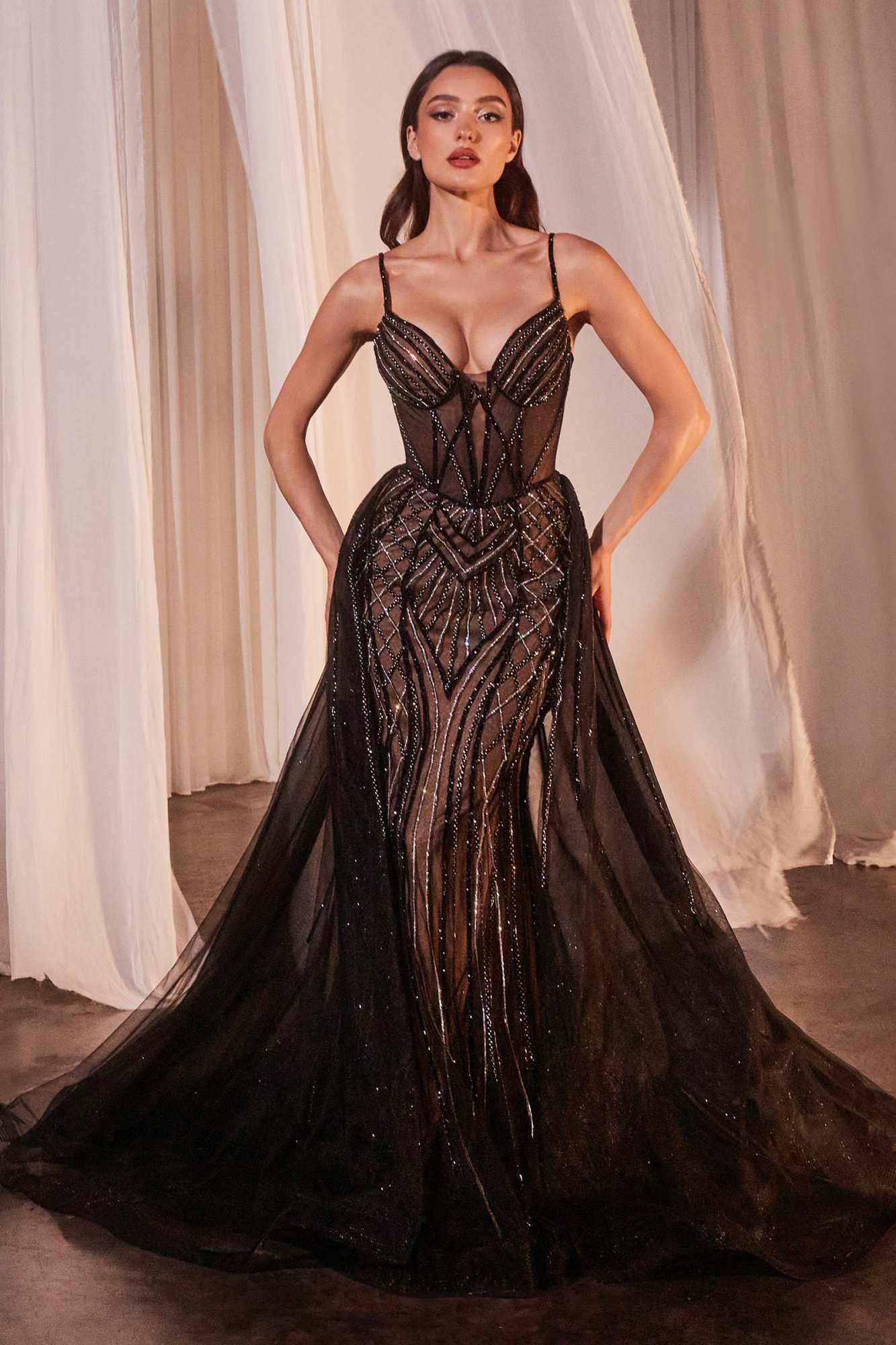 Ladivine CD863 Floor Length Fitted Beaded Tulle Fabric Red Carpet Gown by DiscountDressShop