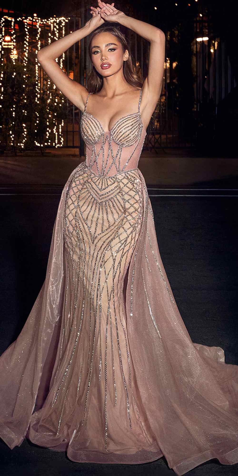 Ladivine CD863 Floor Length Fitted Beaded Tulle Fabric Red Carpet Gown by DiscountDressShop