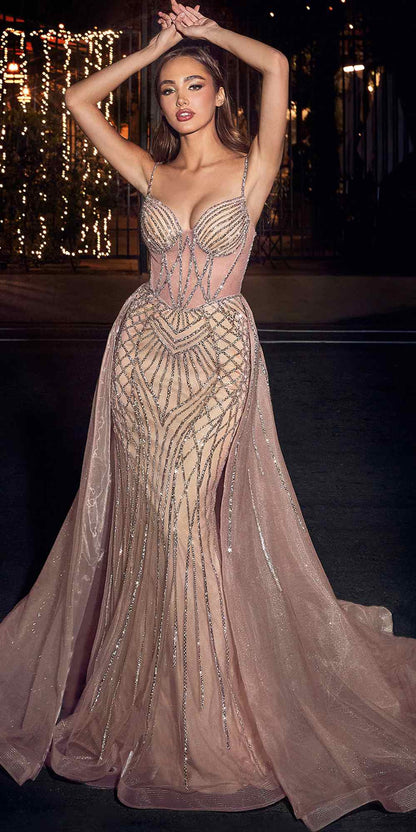 Ladivine CD863 Floor Length Fitted Beaded Tulle Fabric Red Carpet Gown by DiscountDressShop