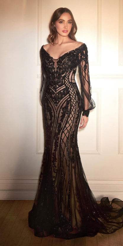 Ladivine CD864 Long Bishop Sheer Sleeve V-Neckline Embellished Gown by DiscountDressShop