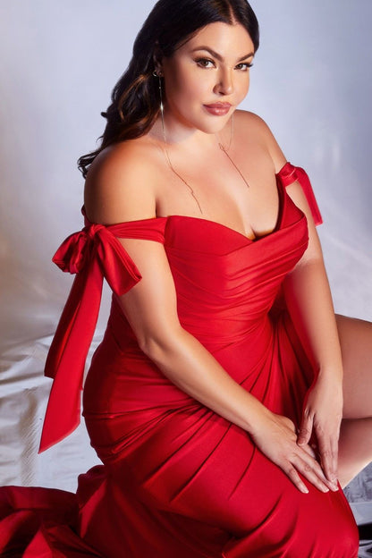 Cinderella Divine CD943 Long Fitted Stretch Jersey Formal Dress Off Shoulder by DiscountDressShop