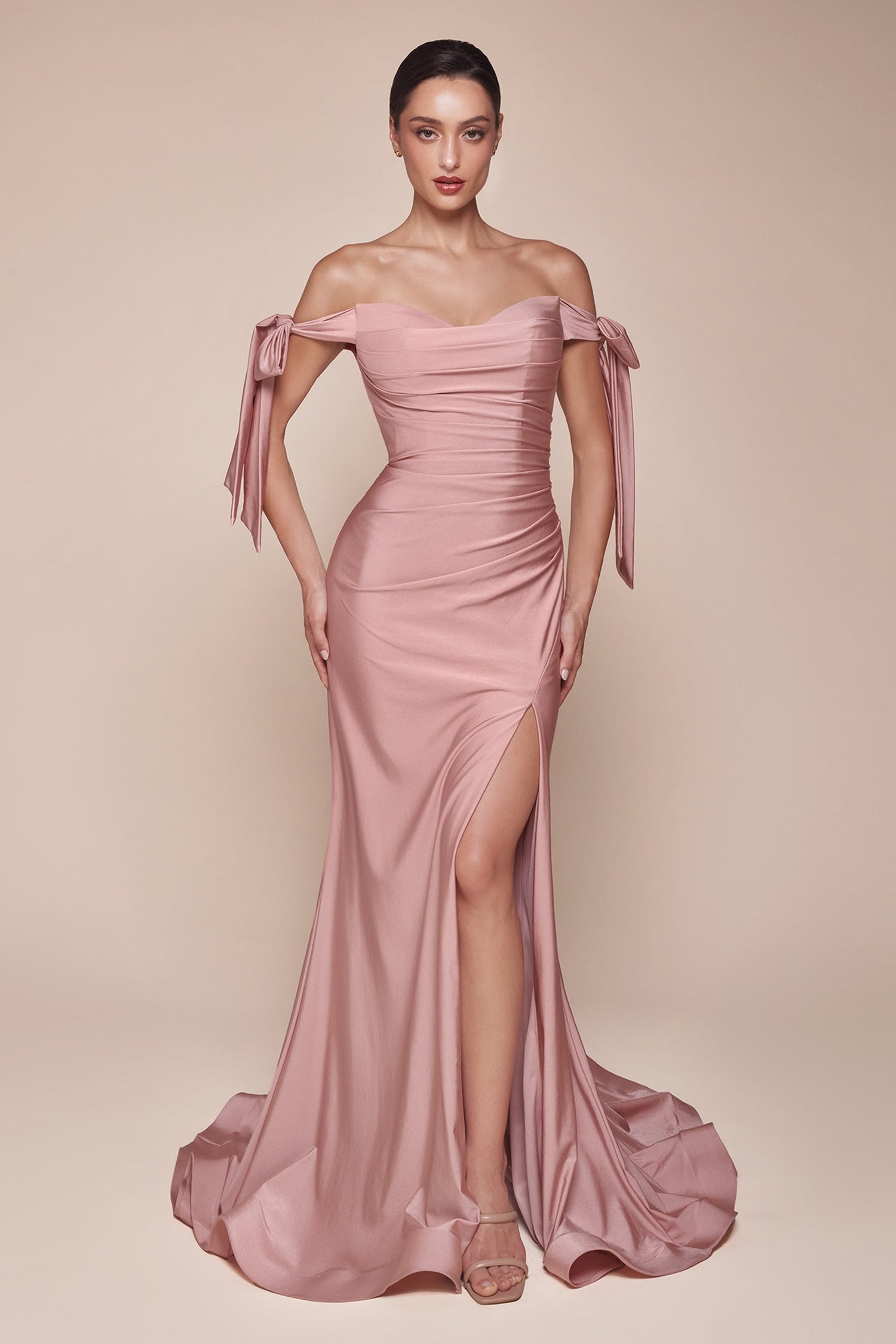 Ladivine CD943 Fitted Stretch Jersey Long Formal Dress Off Shoulder by DiscountDressShop