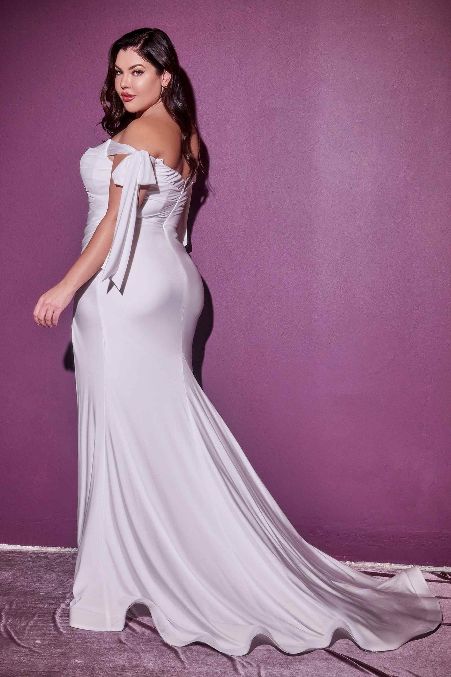 Cinderella Divine CD944WC Long Stretch Satin Gown Off The Shoulder Tie Sleeve by DiscountDressShop