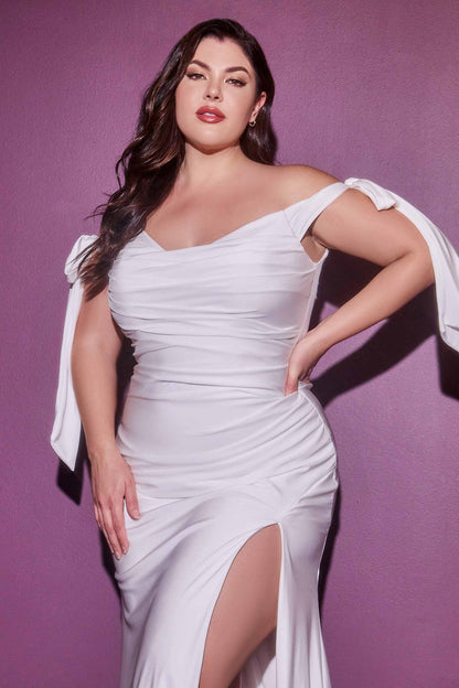 Cinderella Divine CD944WC Long Stretch Satin Gown Off The Shoulder Tie Sleeve by DiscountDressShop