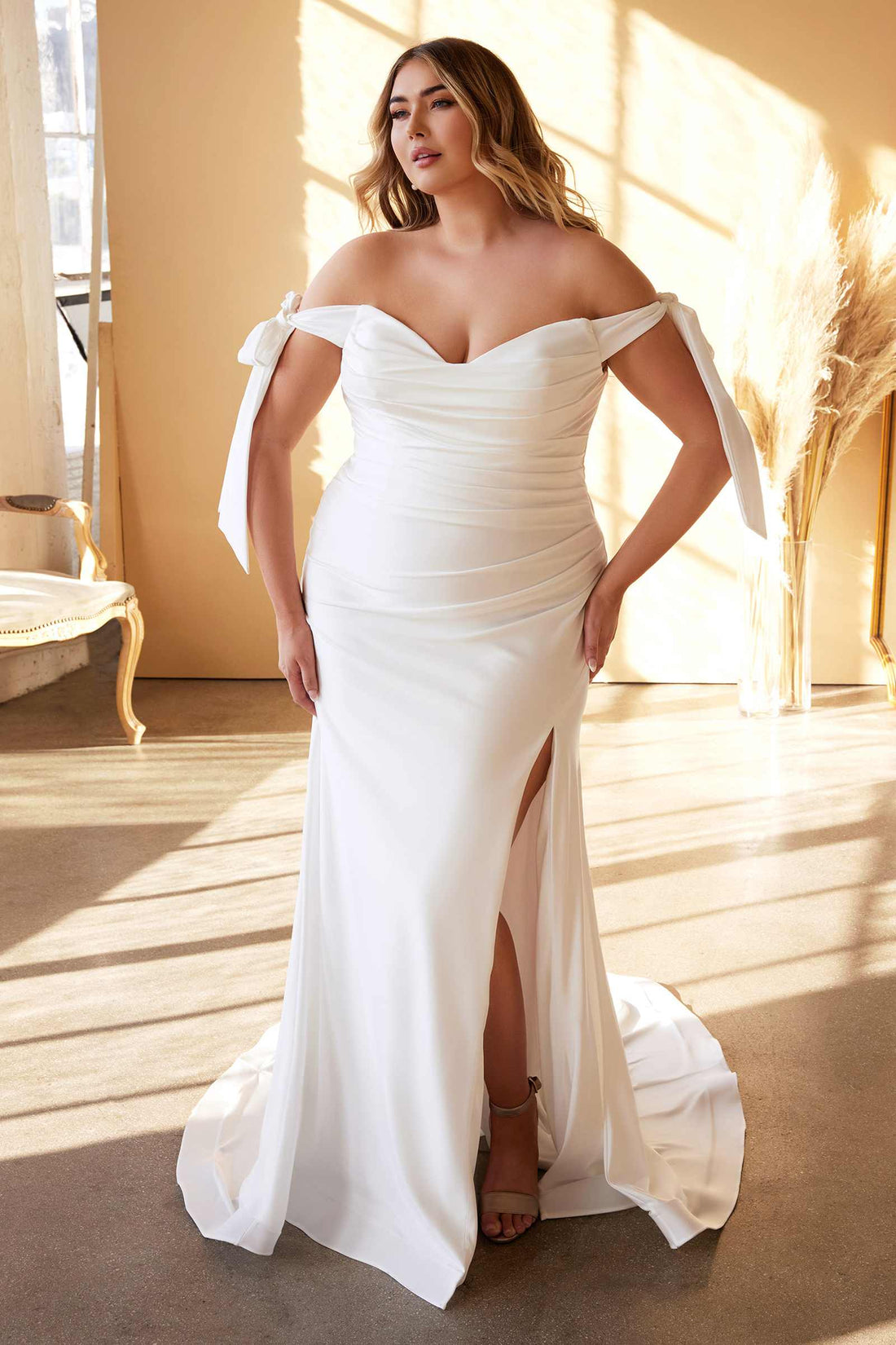 Cinderella Divine CD944WC Long Stretch Satin Gown Off The Shoulder Tie Sleeve by DiscountDressShop