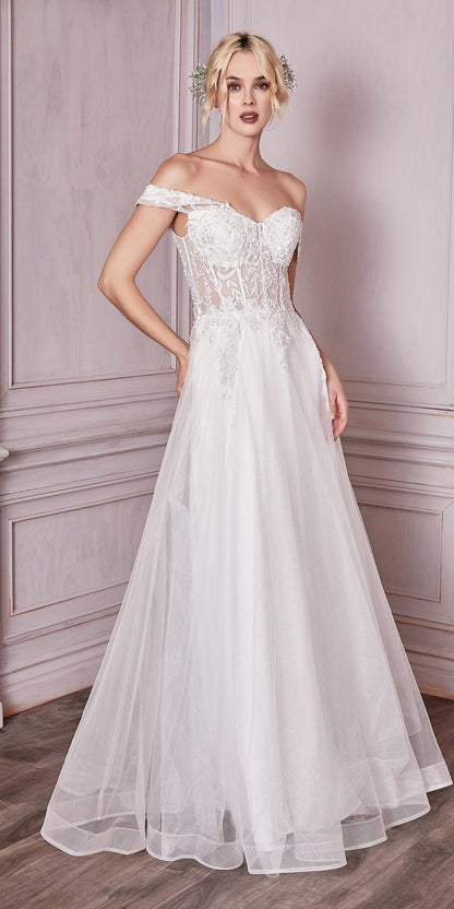 Cinderella Divine CD961W Long Lace Off the Shoulder Bridal Gown by DiscountDressShop