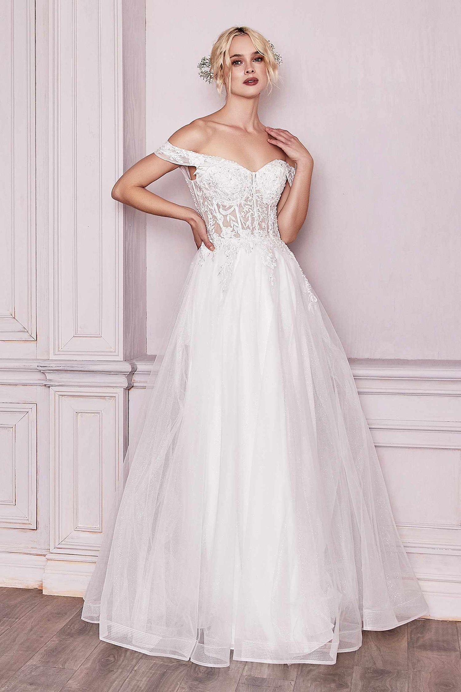 Cinderella Divine CD961W Long Lace Off the Shoulder Bridal Gown by DiscountDressShop