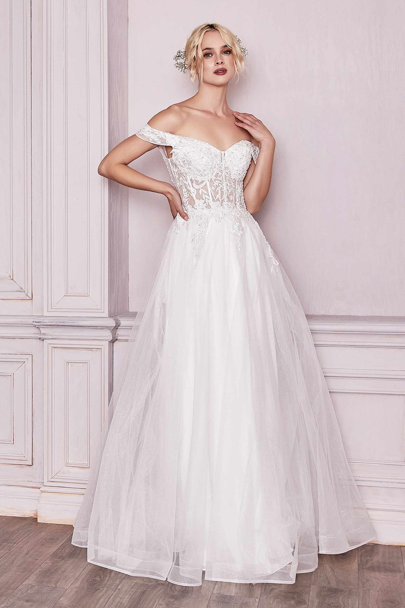 Cinderella Divine CD961W Long Lace Off the Shoulder Bridal Gown by DiscountDressShop