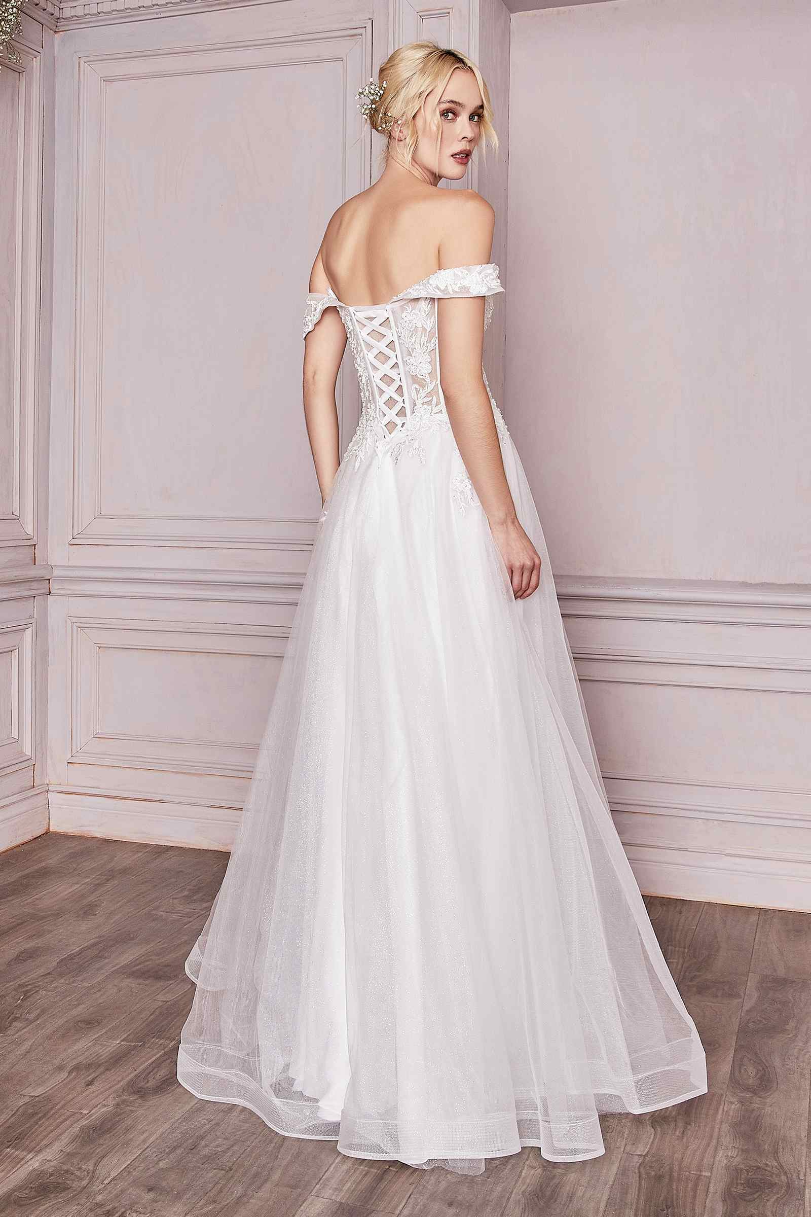 Cinderella Divine CD961W Long Lace Off the Shoulder Bridal Gown by DiscountDressShop