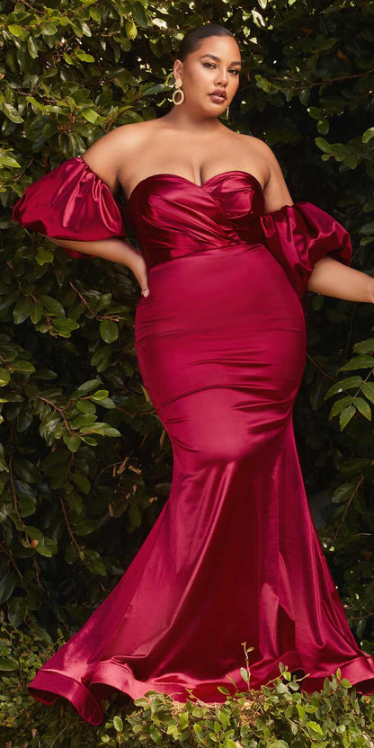 Cinderella Divine CD983 Long Fitted Satin Gown with Puff Sleeve by DiscountDressShop