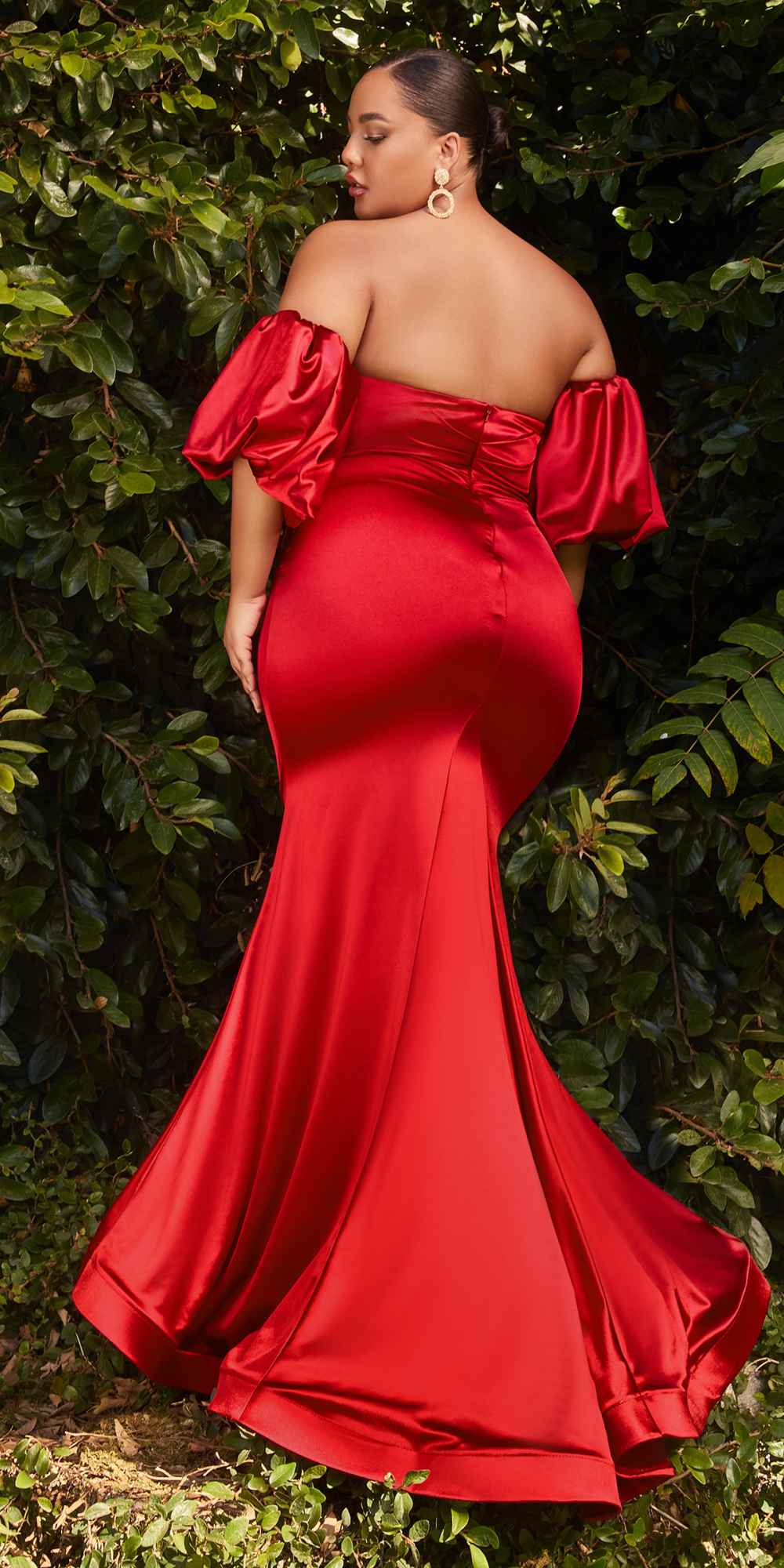 Cinderella Divine CD983 Long Fitted Satin Gown with Puff Sleeve by DiscountDressShop