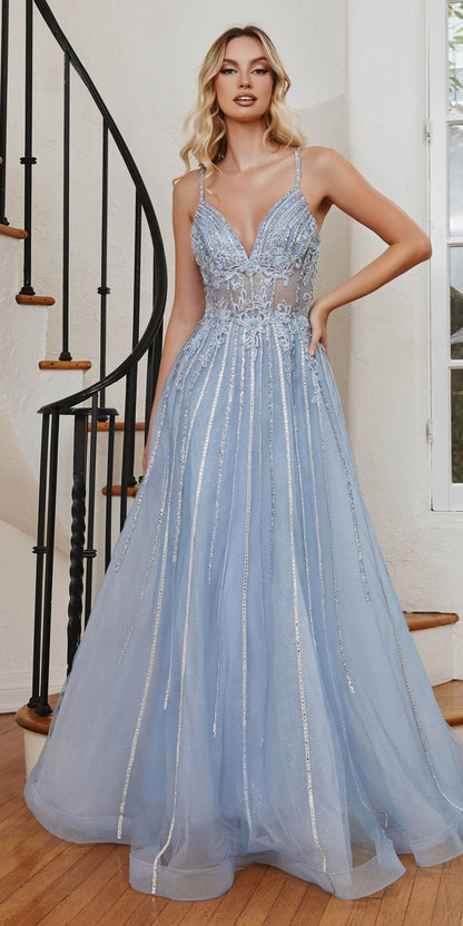 Cinderella Divine CD994 Long A-Line Beaded Tulle Gown Lace Detail V-Neck by DiscountDressShop