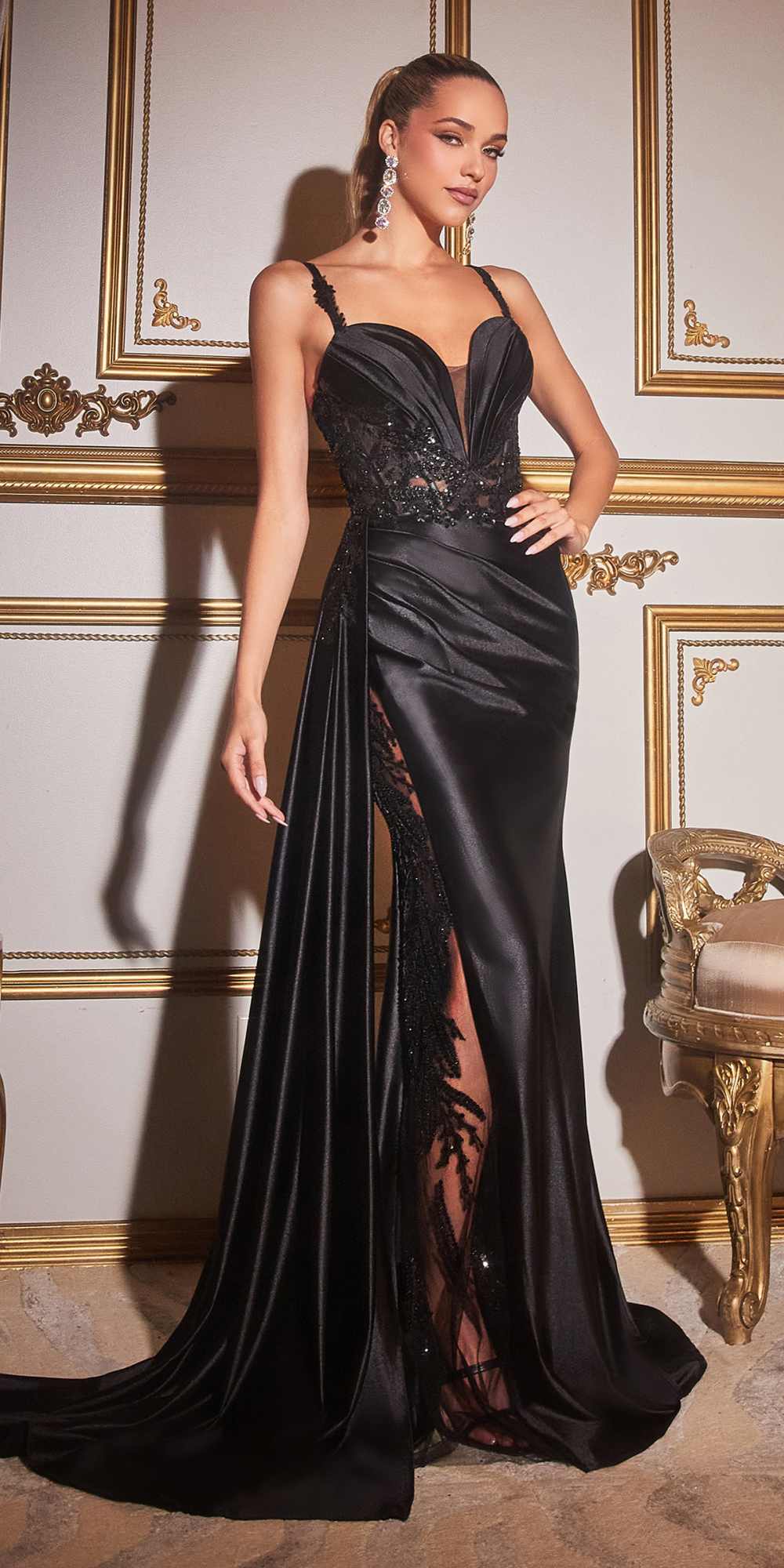 Ladivine CDS417 Floor Length Soft Satin Fitted Gown with Side Sash by DiscountDressShop