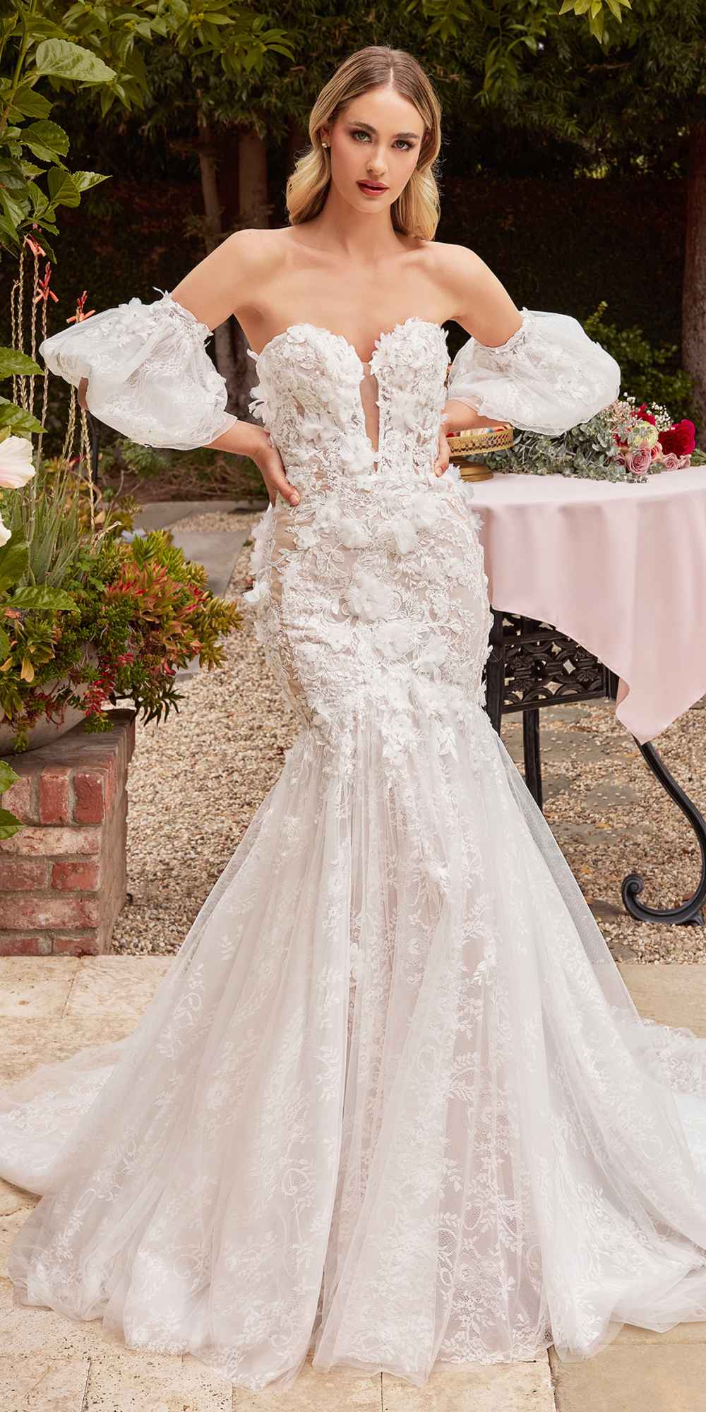 Ladivine CDS434W Long Strapless Lace Mermaid Dress Removable Puff Sleeves by DiscountDressShop