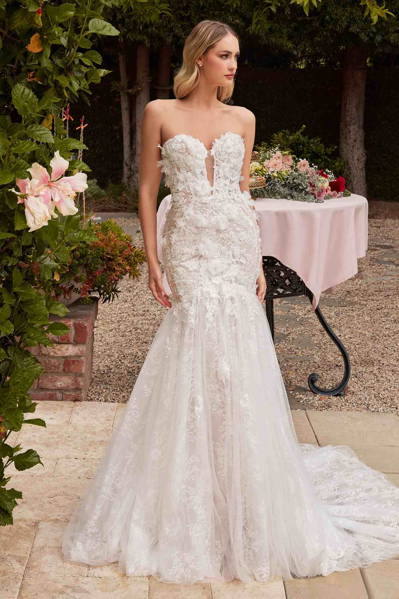 Ladivine CDS434W Long Strapless Lace Mermaid Dress Removable Puff Sleeves by DiscountDressShop