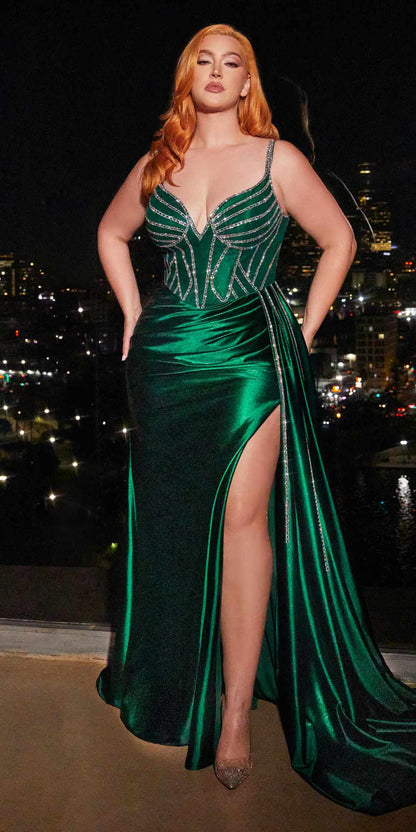 Ladivine CDS440 Floor Length Stretch Satin Sheer Bodice Sexy Gown by DiscountDressShop