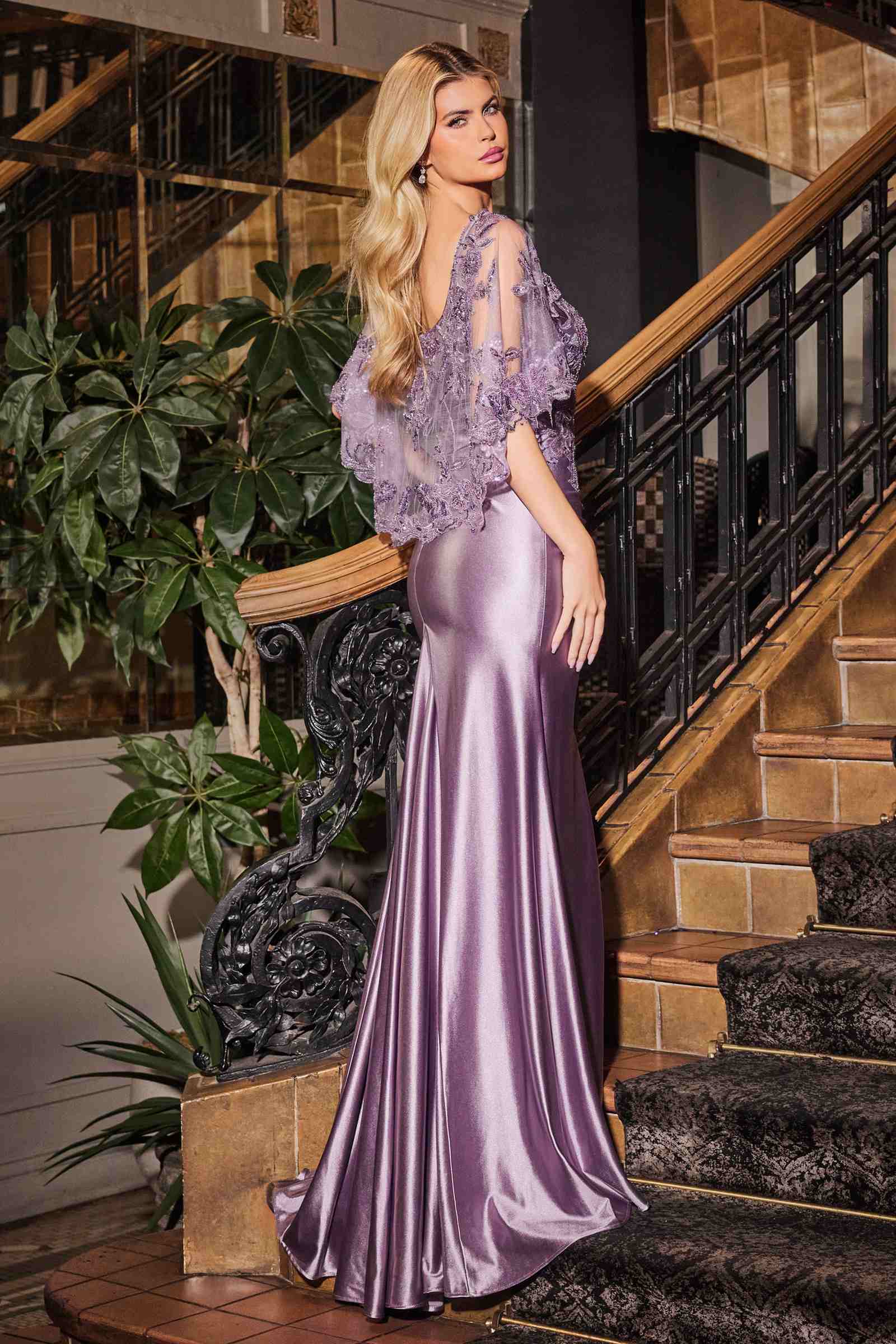 Ladivine CDS499 Stretch Satin Fitted Dress &amp; Removable Lace Caplet by DiscountDressShop
