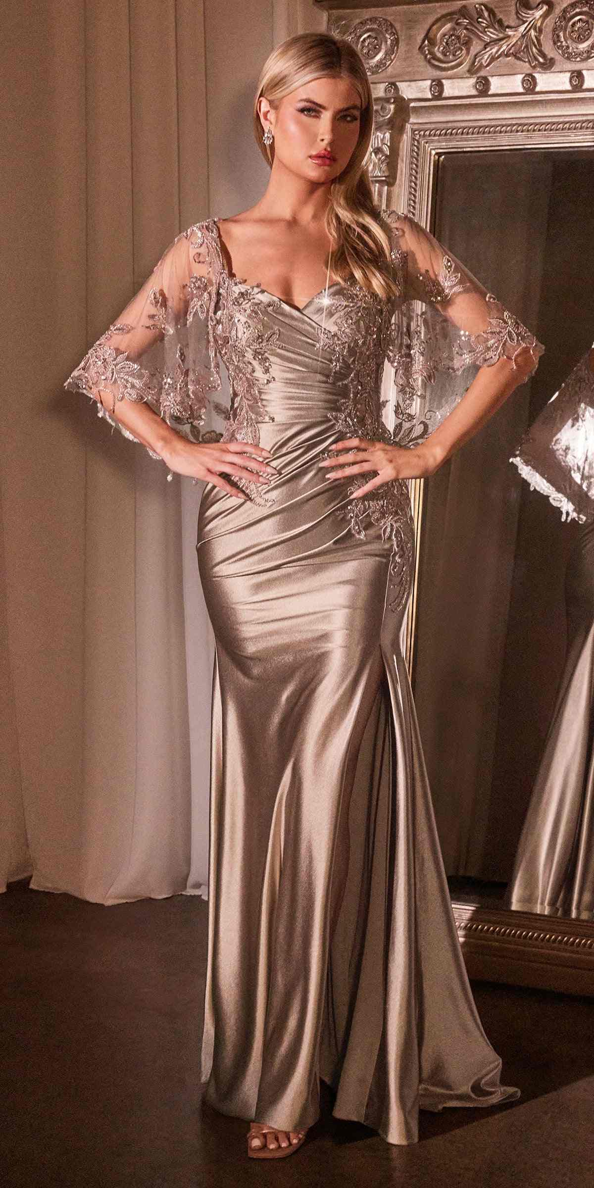 Ladivine CDS499 Stretch Satin Fitted Dress &amp; Removable Lace Caplet by DiscountDressShop
