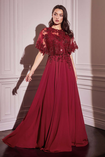 Ladivine CDS503 Dress Chiffon A-Line Beaded Lace Bodice Removable Cape by DiscountDressShop