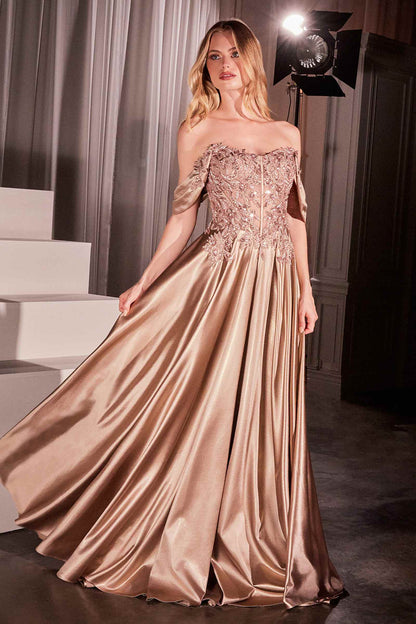 Ladivine CDS525 Dress Off The Shoulder Lace &amp; Satin A-Line Prom Gown by DiscountDressShop