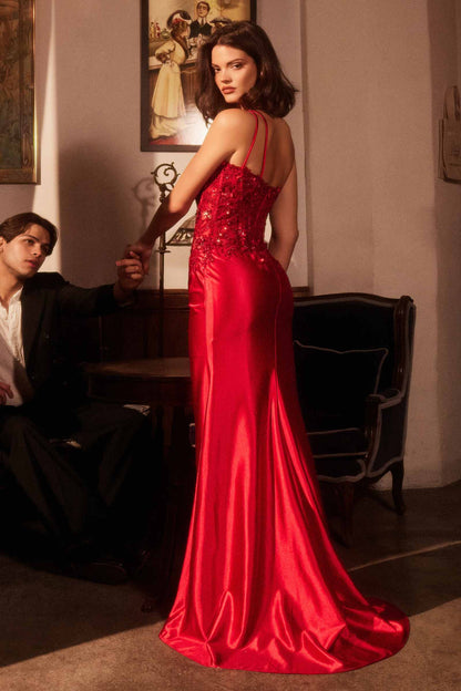 Ladivine CDS535 One Shoulder Satin Dress With Lace Applique by DiscountDressShop