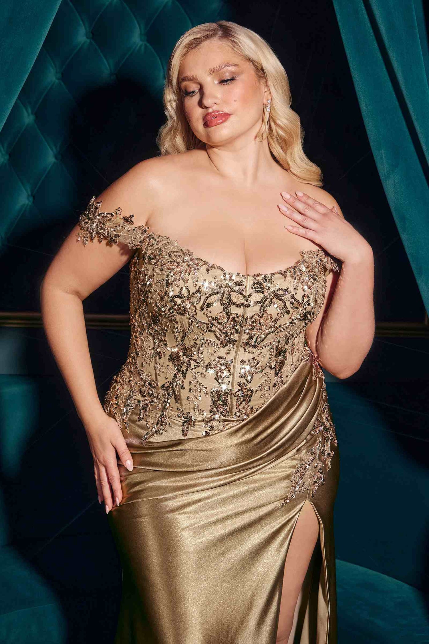 Ladivine CDS537C Off The Shoulder Lace &amp; Satin Curve Dress by DiscountDressShop
