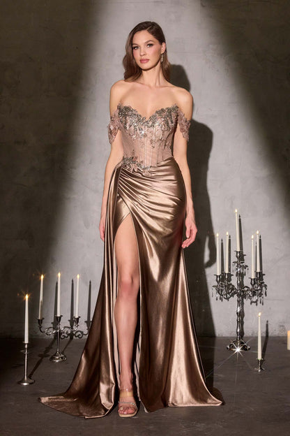 Ladivine CDS554 Opulent Off Shoulder Sparkle Fitted Gown by DiscountDressShop