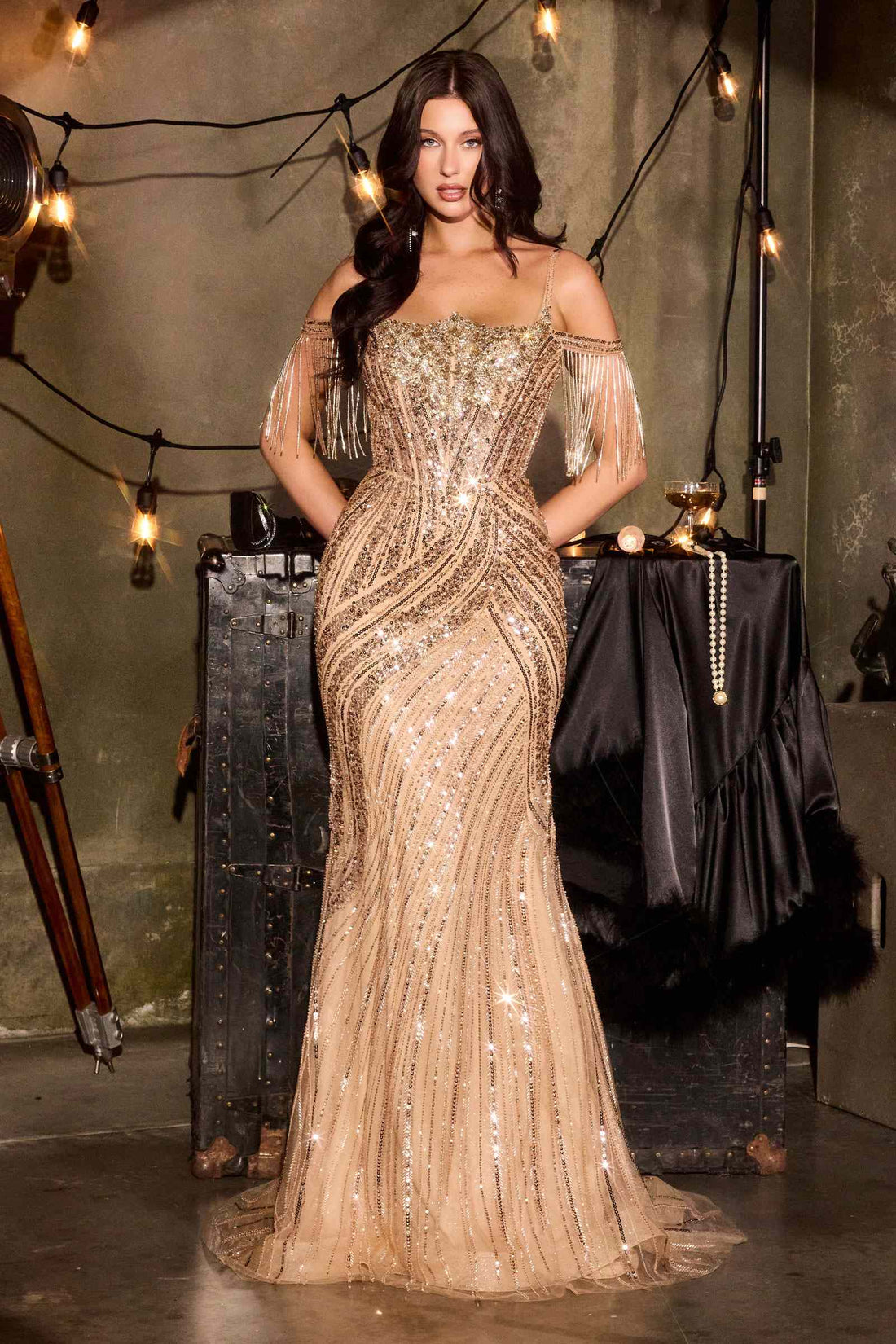 Ladivine CDS555 Cold Shoulder Fringe Fitted Formal Gown by DiscountDressShop