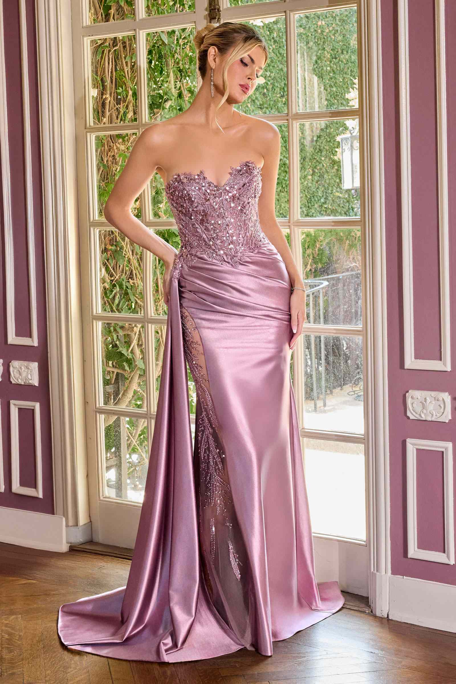 Ladivine CDS565 Sleek Satin Strapless Sweetheart Sequin Applique Gown by DiscountDressShop