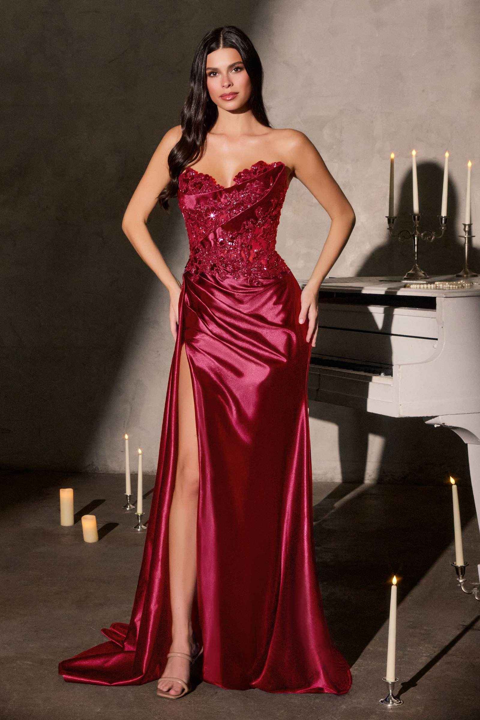 Ladivine CDS567 Strapless Sleek Satin Skirt Leg Slit Floral Beaded Gown by DiscountDressShop