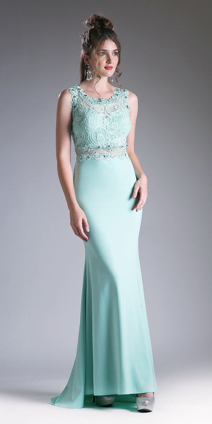 Cinderella Divine CF115 Long Lace Bodice Stretch Knit Sheath Dress Sleeveless by DiscountDressShop