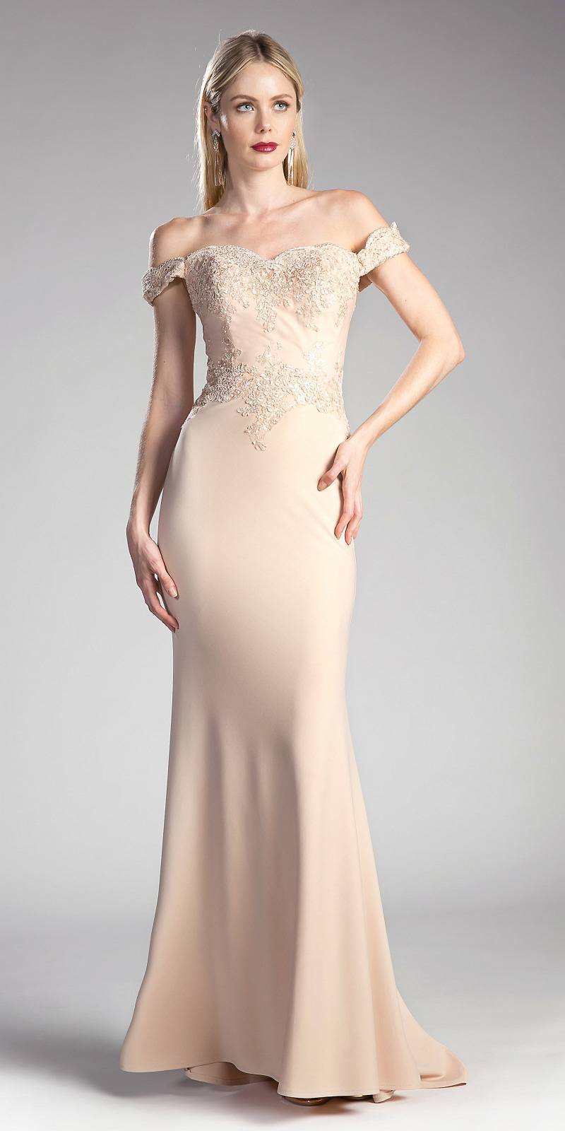 Cinderella Divine CF158 Off Shoulder Floor Length Evening Gown Applique Bodice by DiscountDressShop