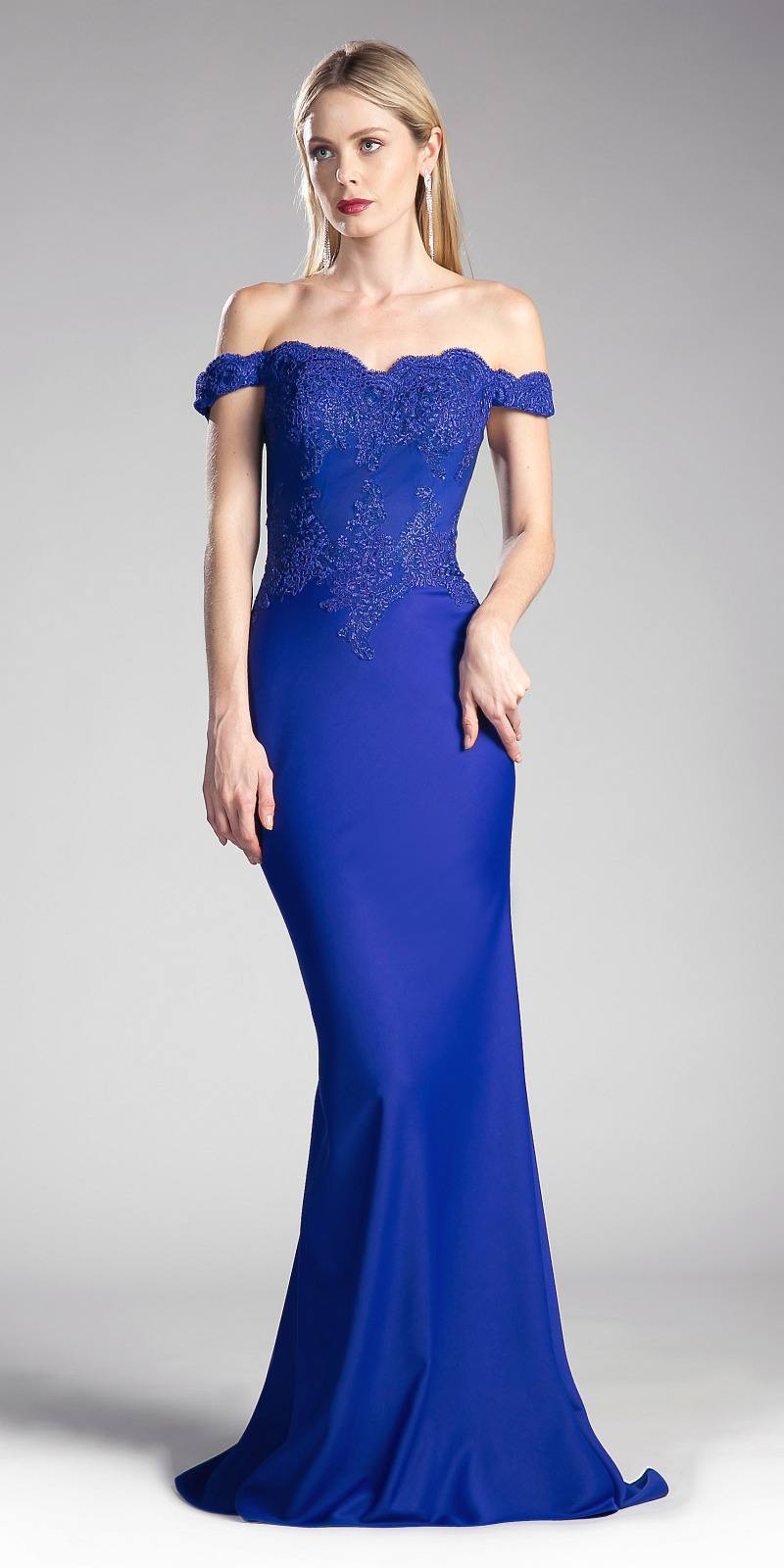 Cinderella Divine CF158 Off Shoulder Floor Length Evening Gown Applique Bodice by DiscountDressShop
