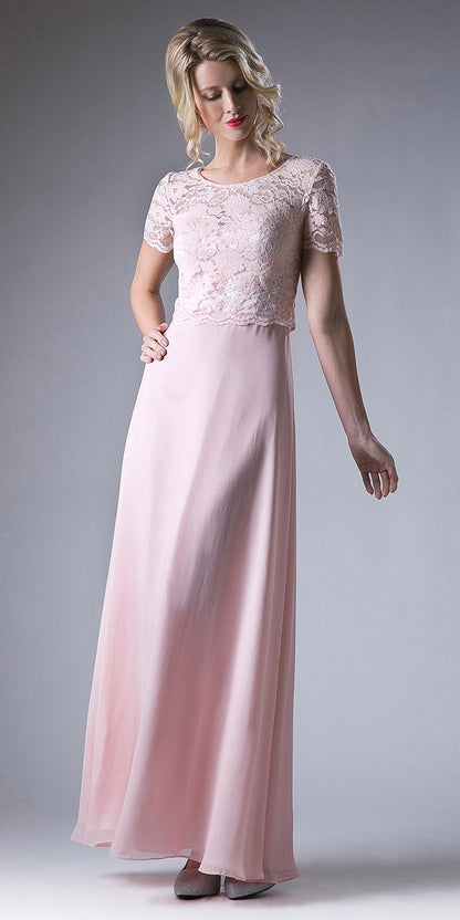 Cinderella Divine CF160 Lace Bodice Short Sleeves A-line Long Dress by DiscountDressShop
