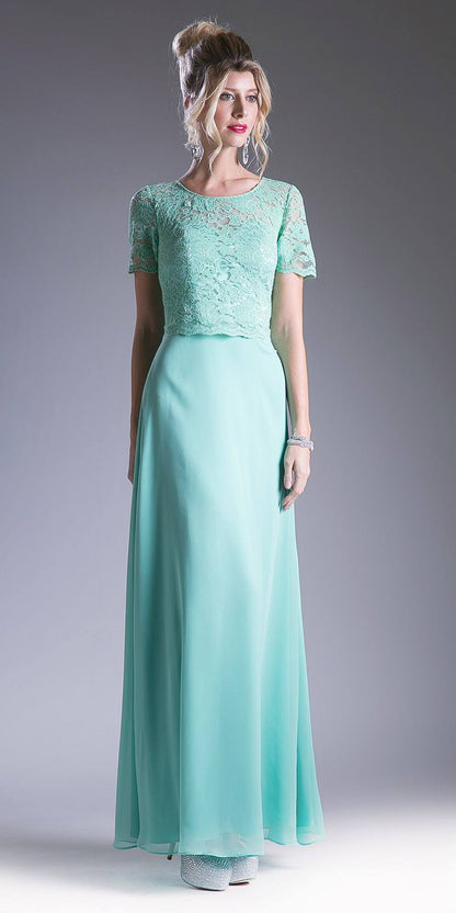 Cinderella Divine CF160 Lace Bodice Short Sleeves A-line Long Dress by DiscountDressShop