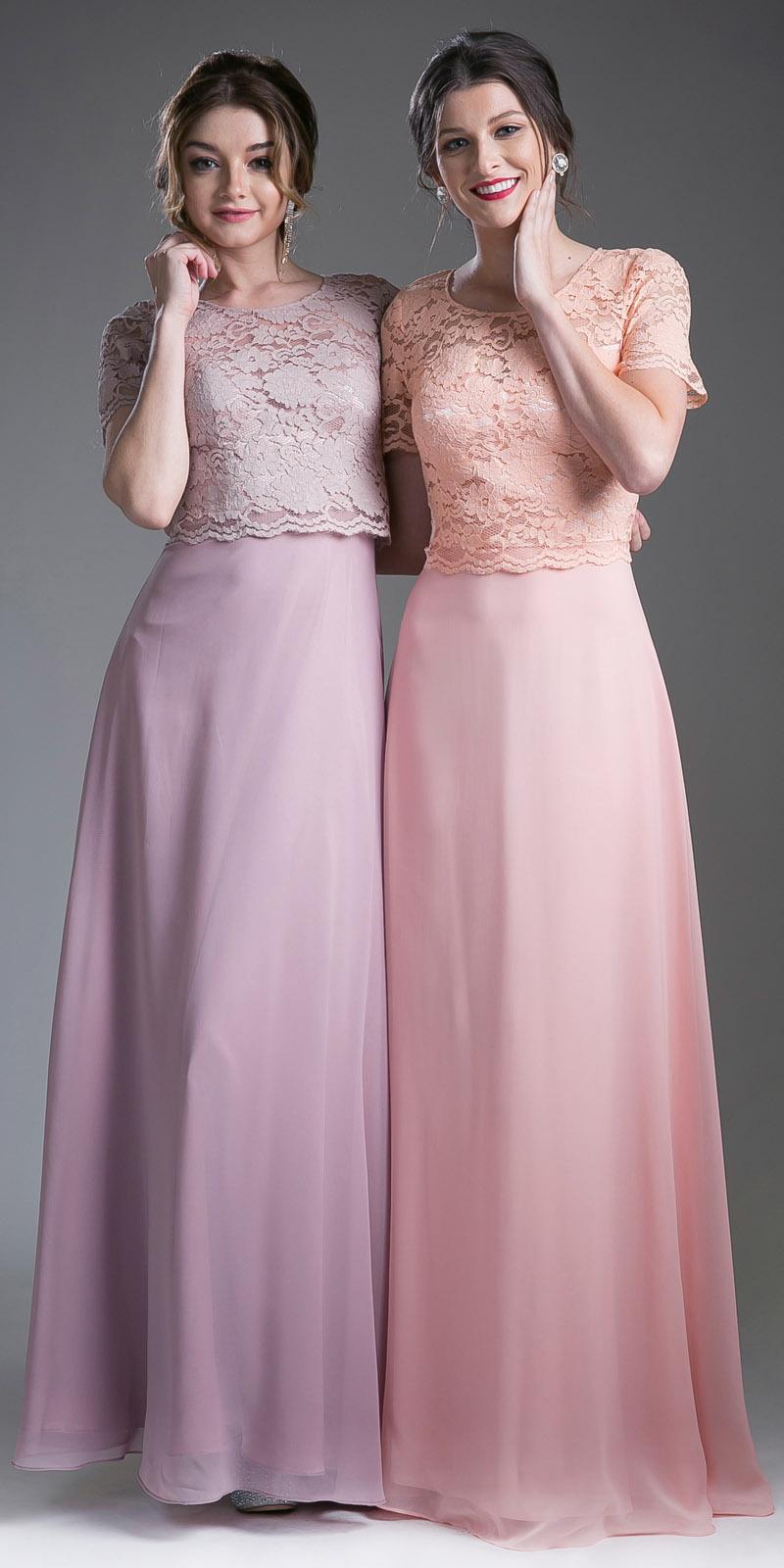 Cinderella Divine CF160 Lace Bodice Short Sleeves A-line Long Dress by DiscountDressShop