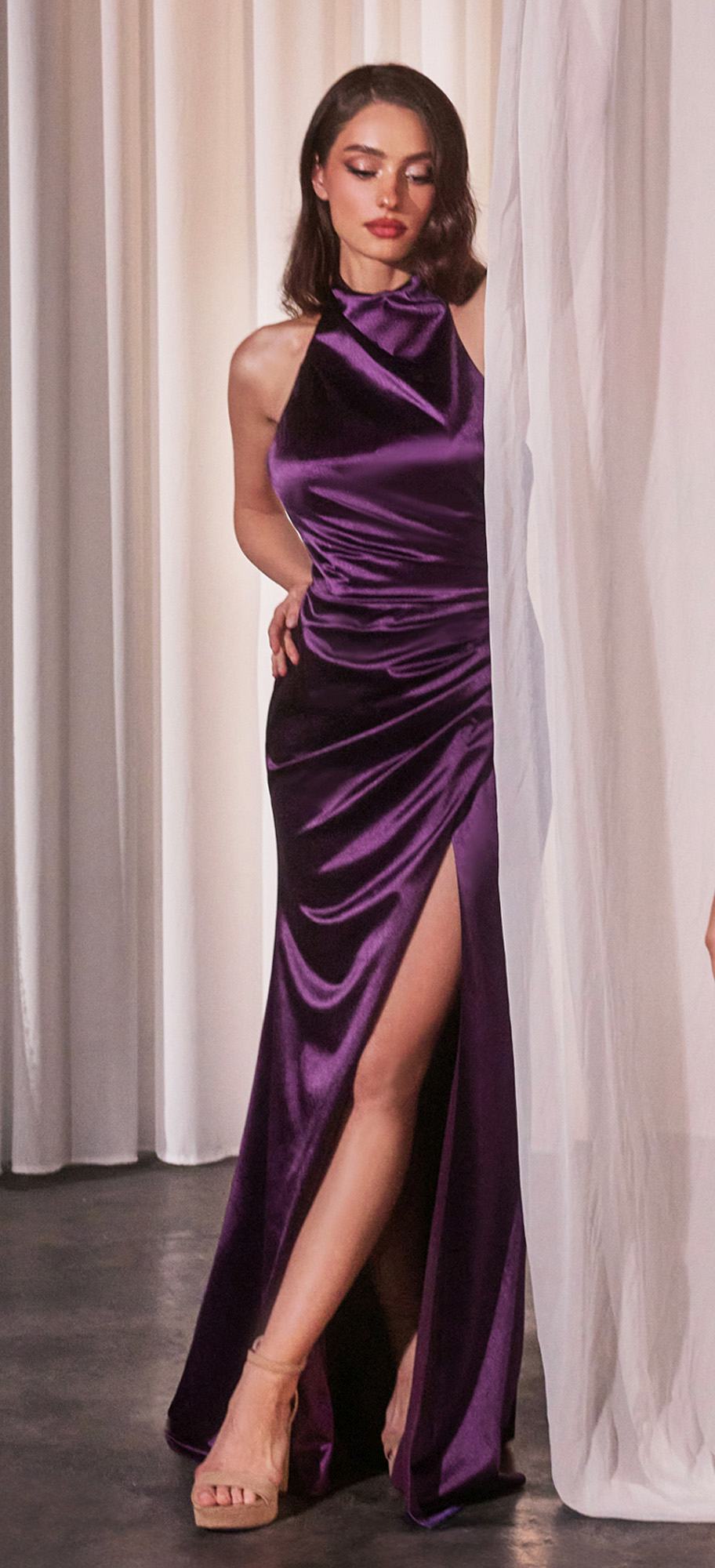 Ladivine CH031 Long Halter Satin Fitted Formal Dress by DiscountDressShop