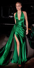 Ladivine CH079 Floor Length Fitted Halter Satin Gown Leg Slit Side Sash by DiscountDressShop
