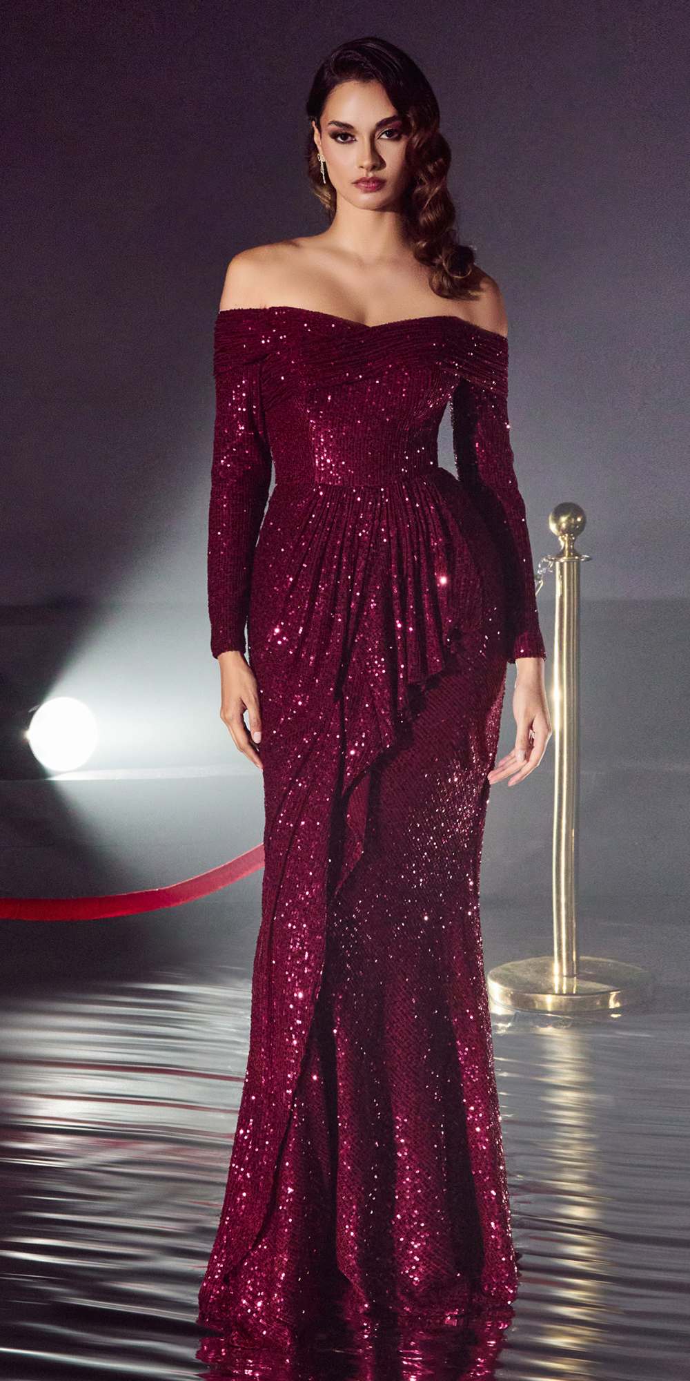 Cinderella Divine CH135 Long Sequin Off the Shoulder Long Sleeve Gown by DiscountDressShop