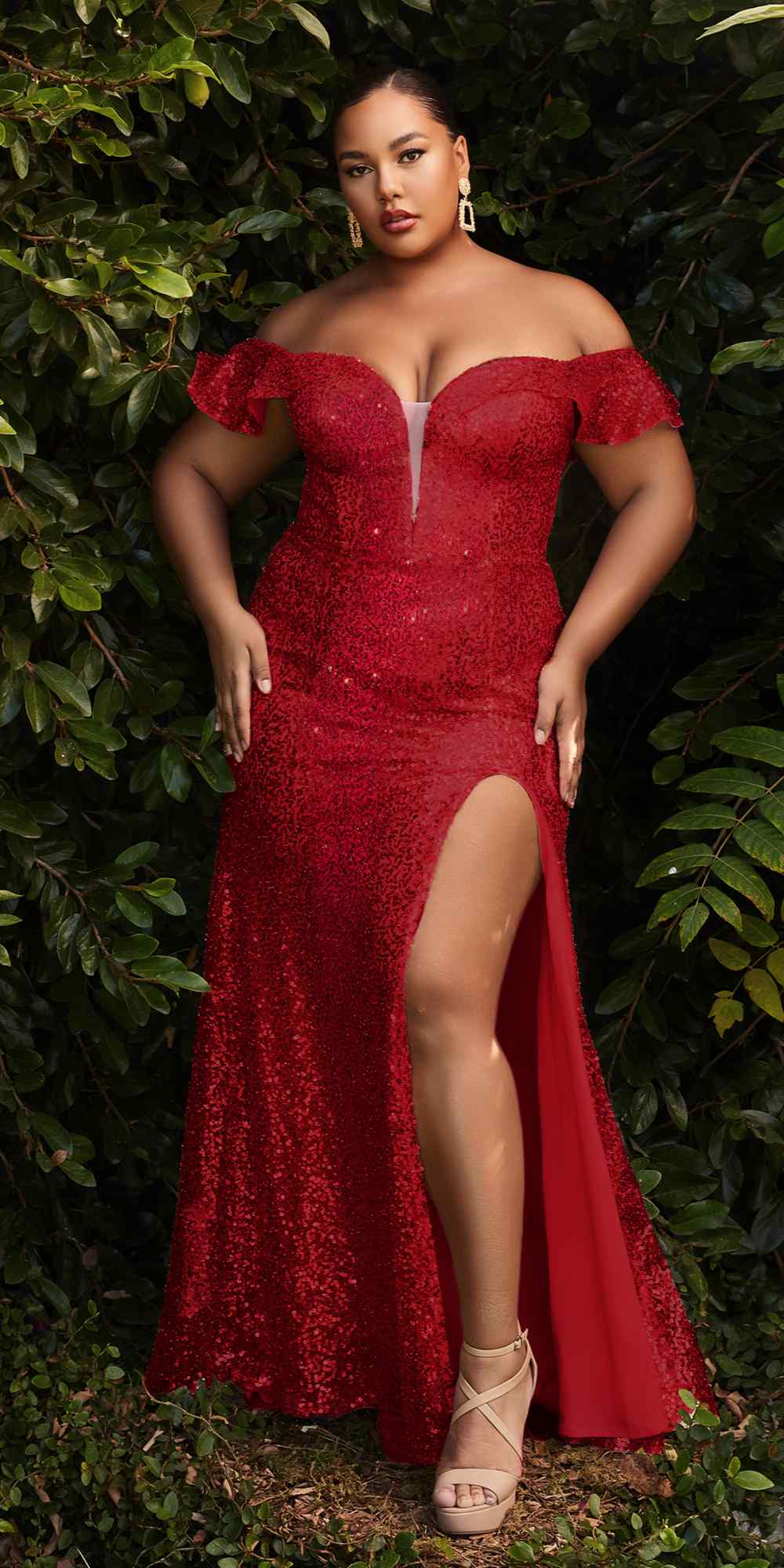 Cinderella Divine CH167C Long Off the Shoulder Sequins Dress with Slit by DiscountDressShop