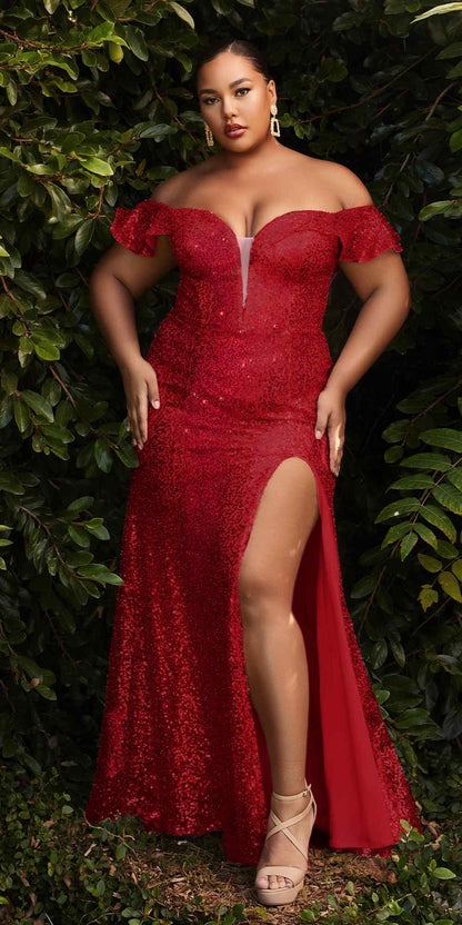Cinderella Divine CH167C Long Off the Shoulder Sequins Dress with Slit by DiscountDressShop