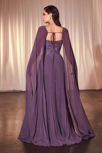 Ladivine CJ937 Pleated A-Line Gown With Cape Sleeves by DiscountDressShop