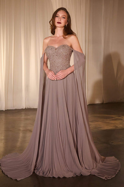 Ladivine CJ937 Pleated A-Line Gown With Cape Sleeves by DiscountDressShop